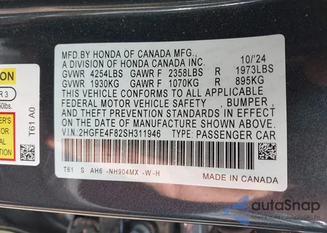 2025 Honda Civic Hybrid Sport/Sport Touring from USA, damaged, VIN 2HGFE4F82SH311946